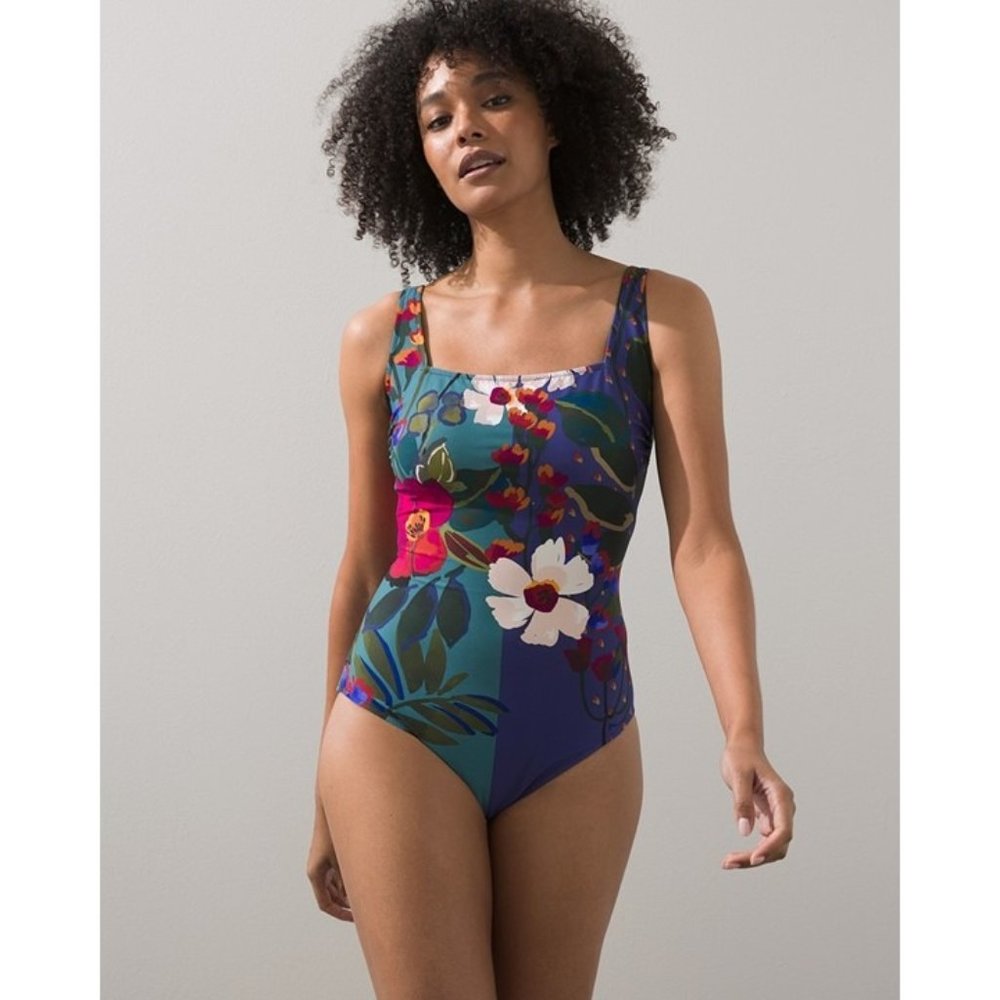 Chico's Gottex Floral Square Neck Swimsuit, Green, US Size 14